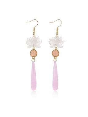 Pink Teardrop Lotus Flower Dangle Earrings